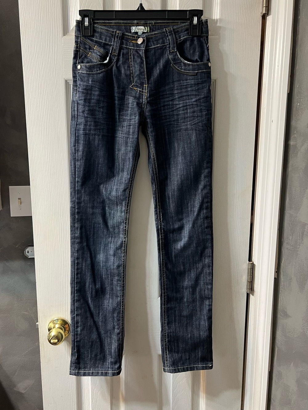 Y2K Girls Shiny Jeans Size 12A Dark Wash Straight Leg Denim Faded Whisker